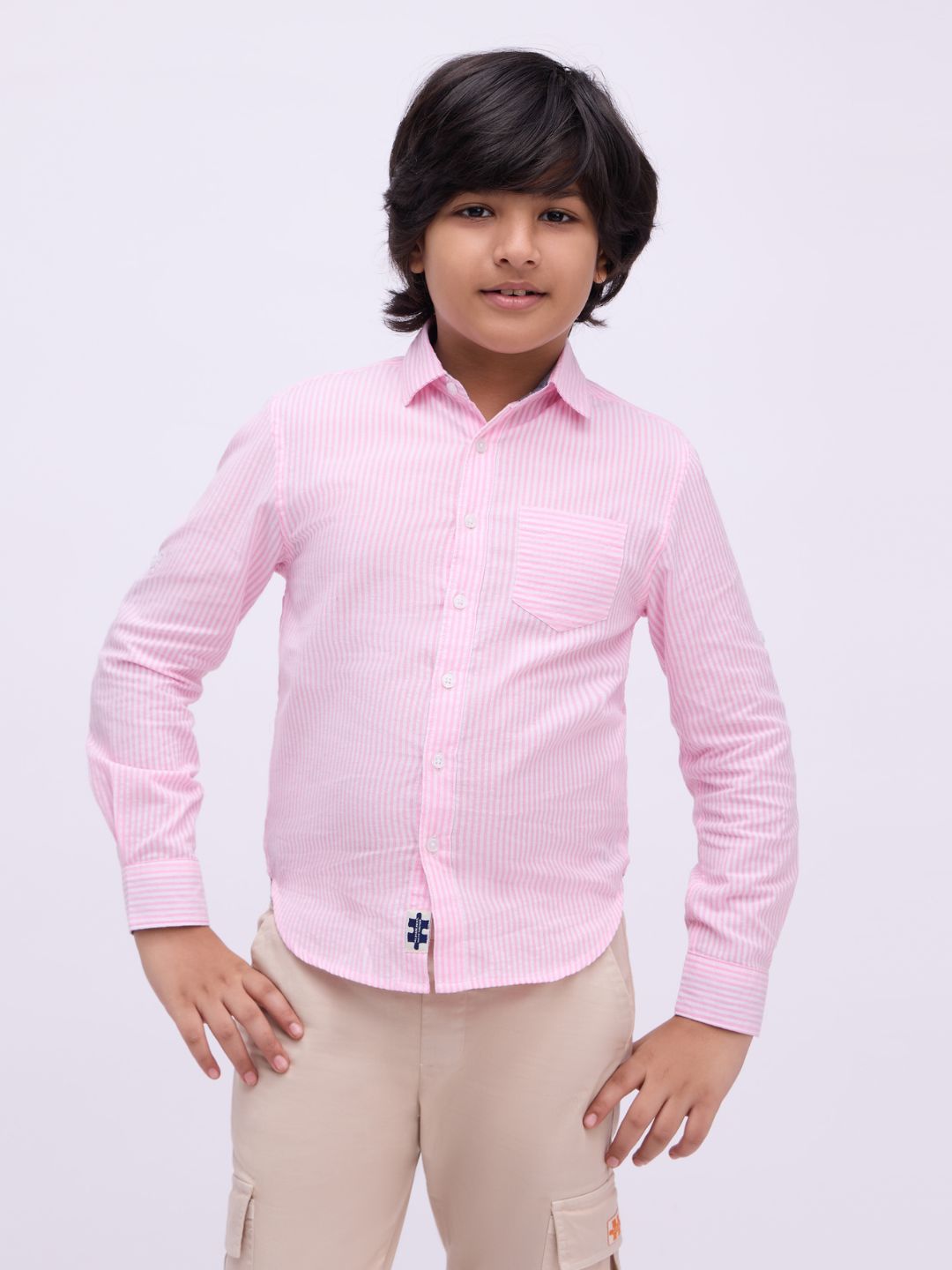 Boys Pink Premium Cotton Blend Crinkled Stripe Spread Collar Shirt