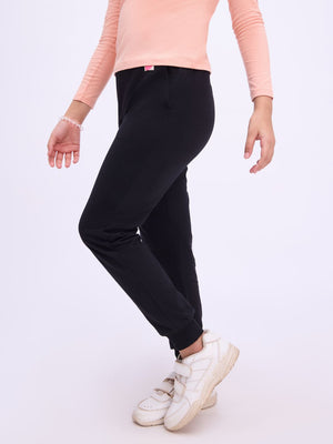 Girls Black Regular Fit Pure Cotton Joggers