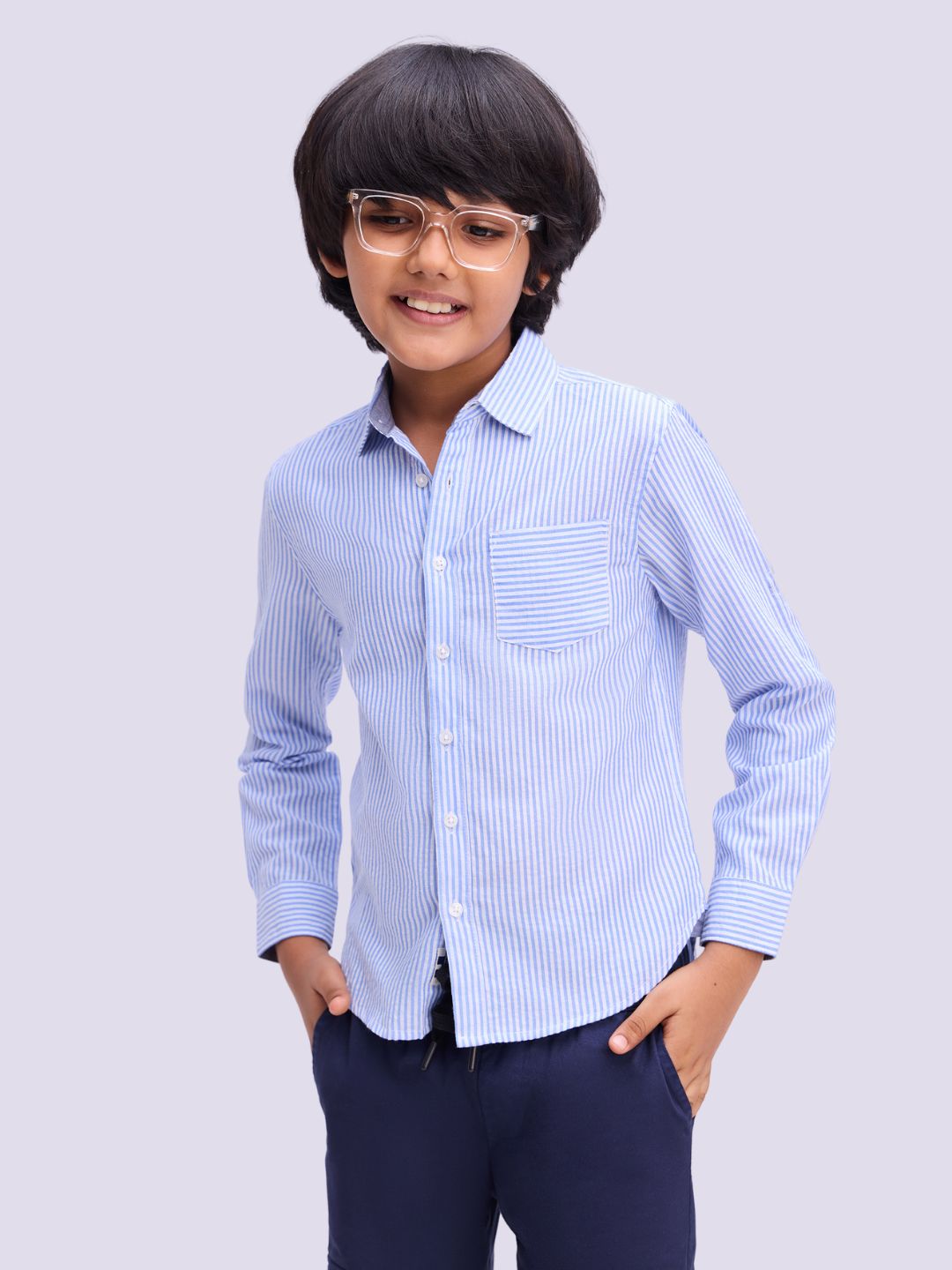 Boys Blue Premium Cotton Blend Crinkled Stripe Spread Collar Shirt