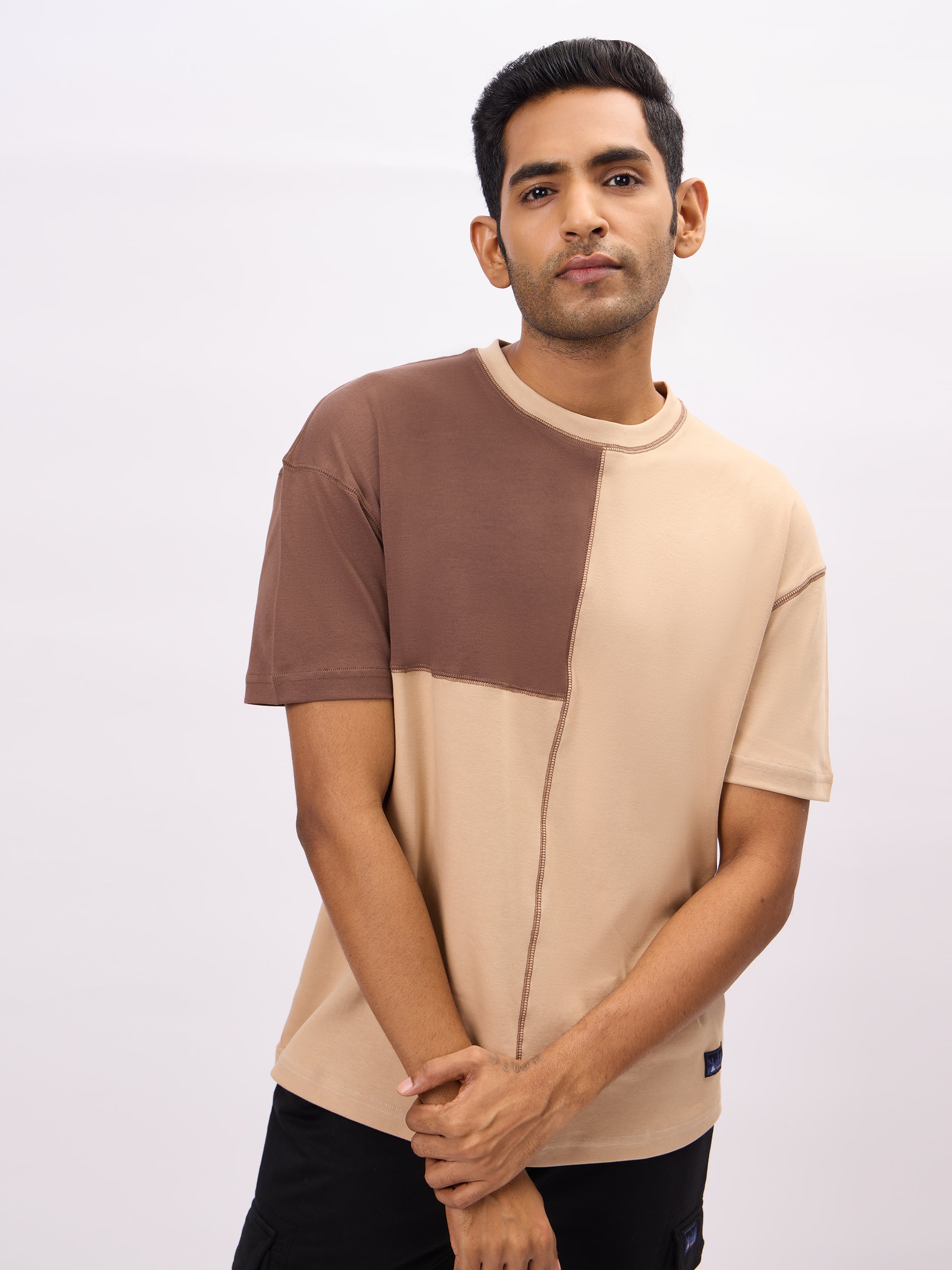 Men's Beige Oversized Fit Colorblocked T-shirt