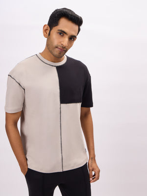 Men's Grey Oversized Fit Colorblocked T-shirt