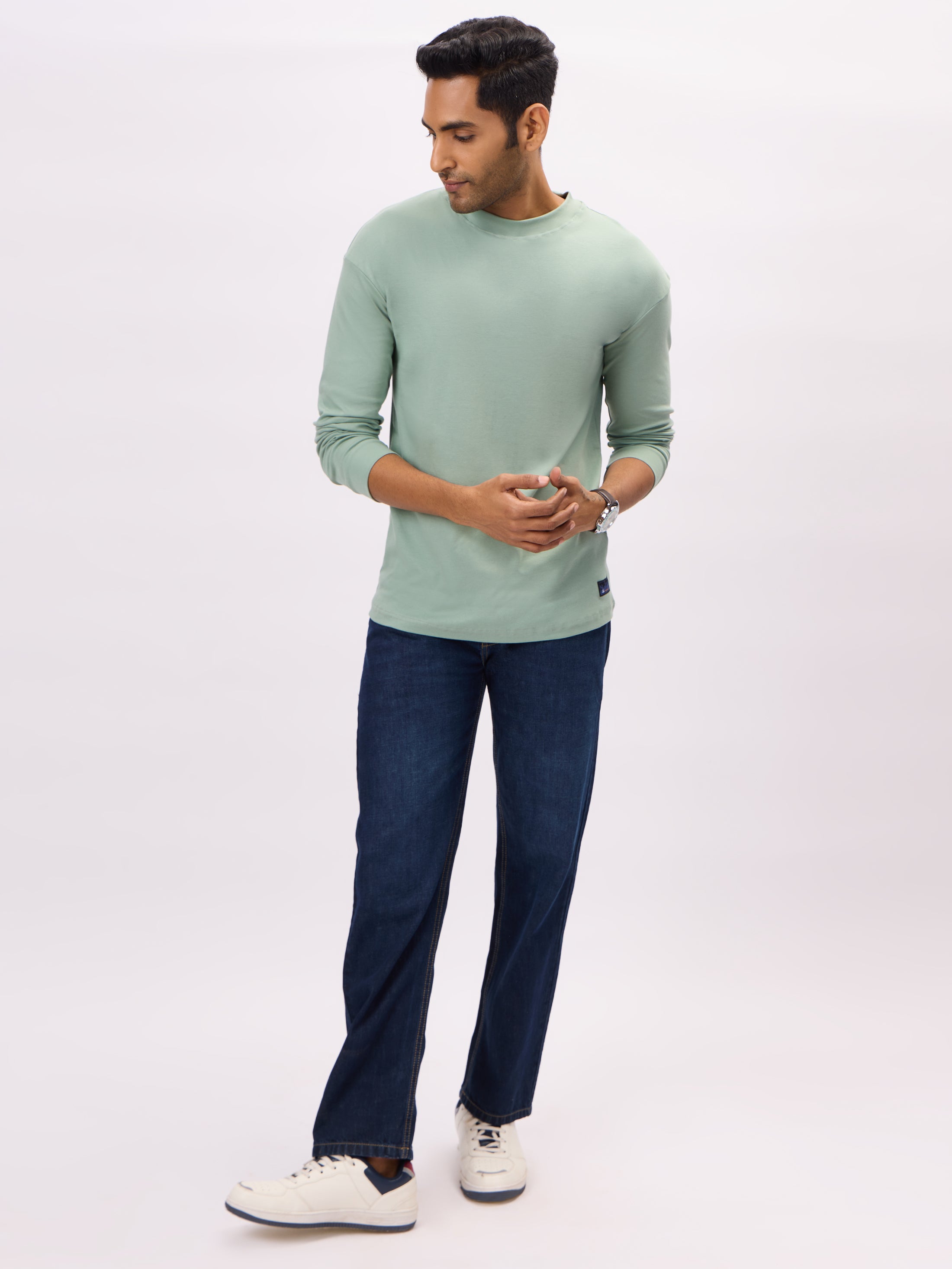 Sage Green Oversized Fit Solid Long Sleeve T-shirt For Men