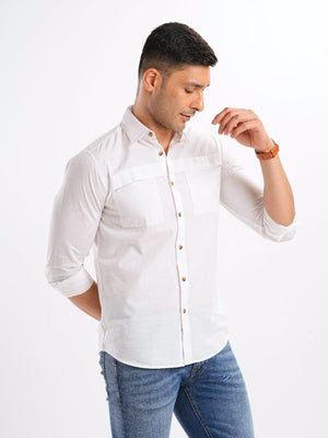 Mens Slim Fit Pure Cotton White Chest Pocket Smart Casual Solid Shirt