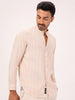 Men's Comfort Fit Linen Sorona Beige Band Collar Yarn Dyed Striped Shirt