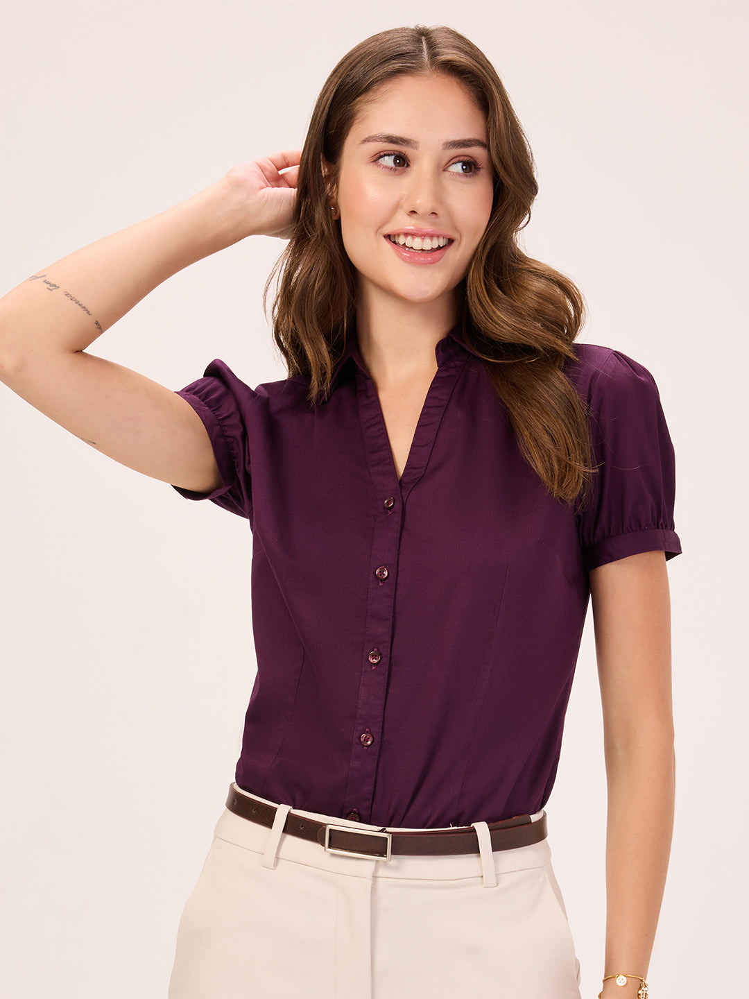 Women's Slim Fit Cotton Lycra Solid Magenta Purple Semi Formal Short Puffed Sleeve Y-placket Shirt