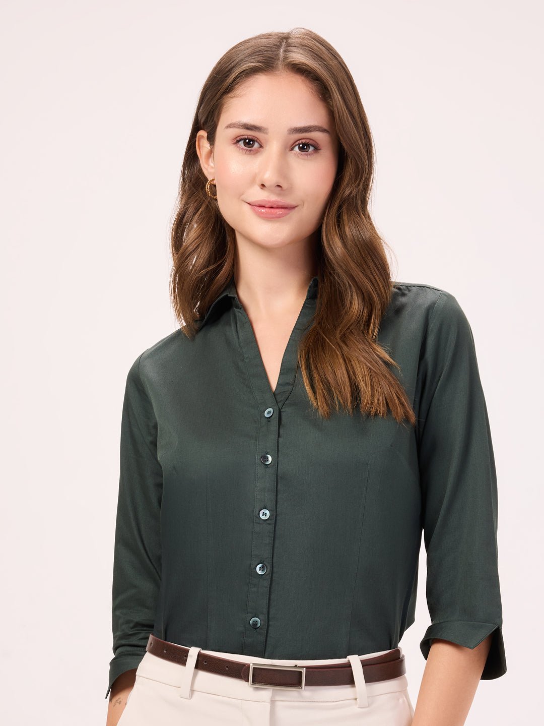 Women's Slim Fit Pure Cotton Solid Moss Green Semi Formal 3/4th Sleeve Y-Placket Shirt