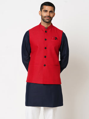 Men's Regular Fit Twill textured Crimson Red Nehru Jacket