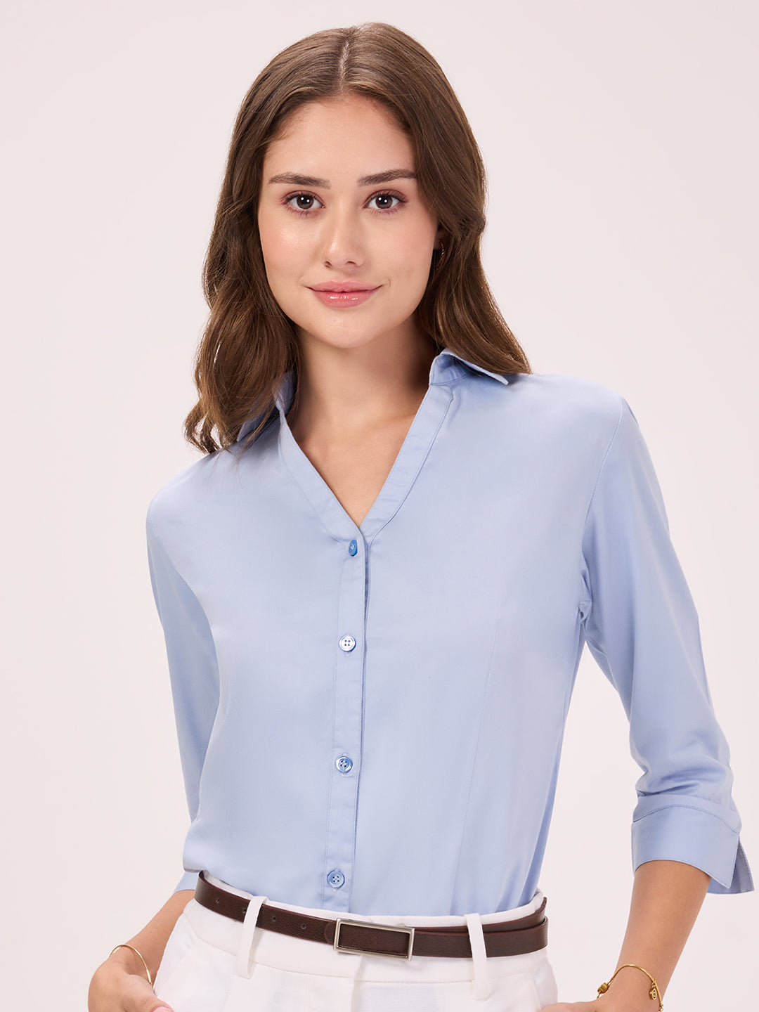 Women's Slim Fit Cotton Lycra Solid Light Blue Semi Formal 3/4th Sleeve Y-Placket Shirt