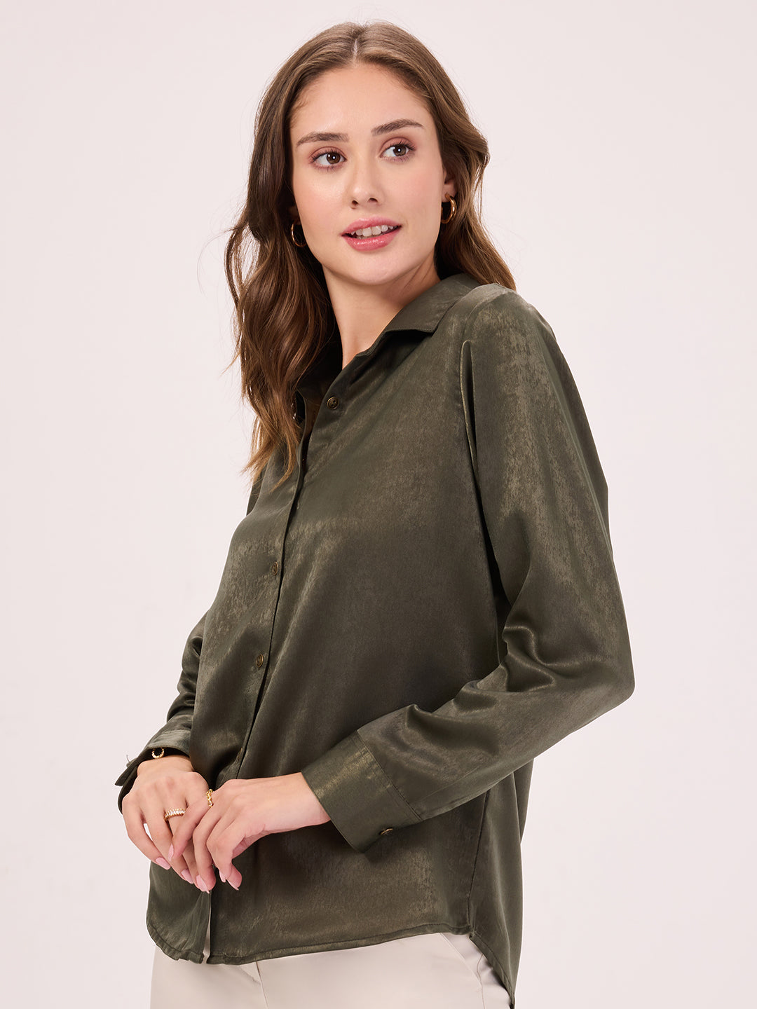 Women's Regular Fit Solid Olive Green Collared Full Sleeve Satin Shirt