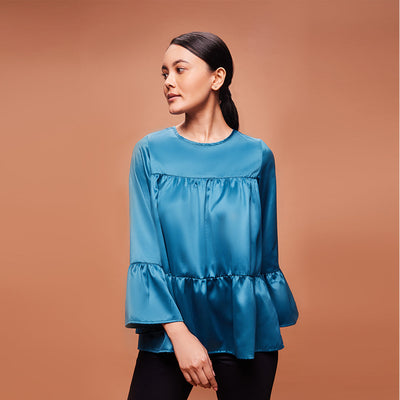 Women's Teal Blue Round Neck Bell Sleeves Tiered Top