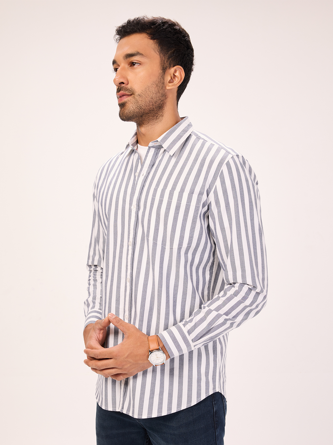 Men's Comfort Fit Pure Cotton Navy & White Semi Casual Yarn Dyed Striped Shirt