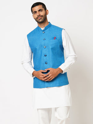 Men's Regular Fit Basket Weave Crystal Teal Nehru Jacket