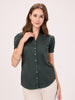 Women's Slim Fit Pure Cotton Solid Moss Green Semi Formal Short Puffed Sleeve Y-placket Shirt