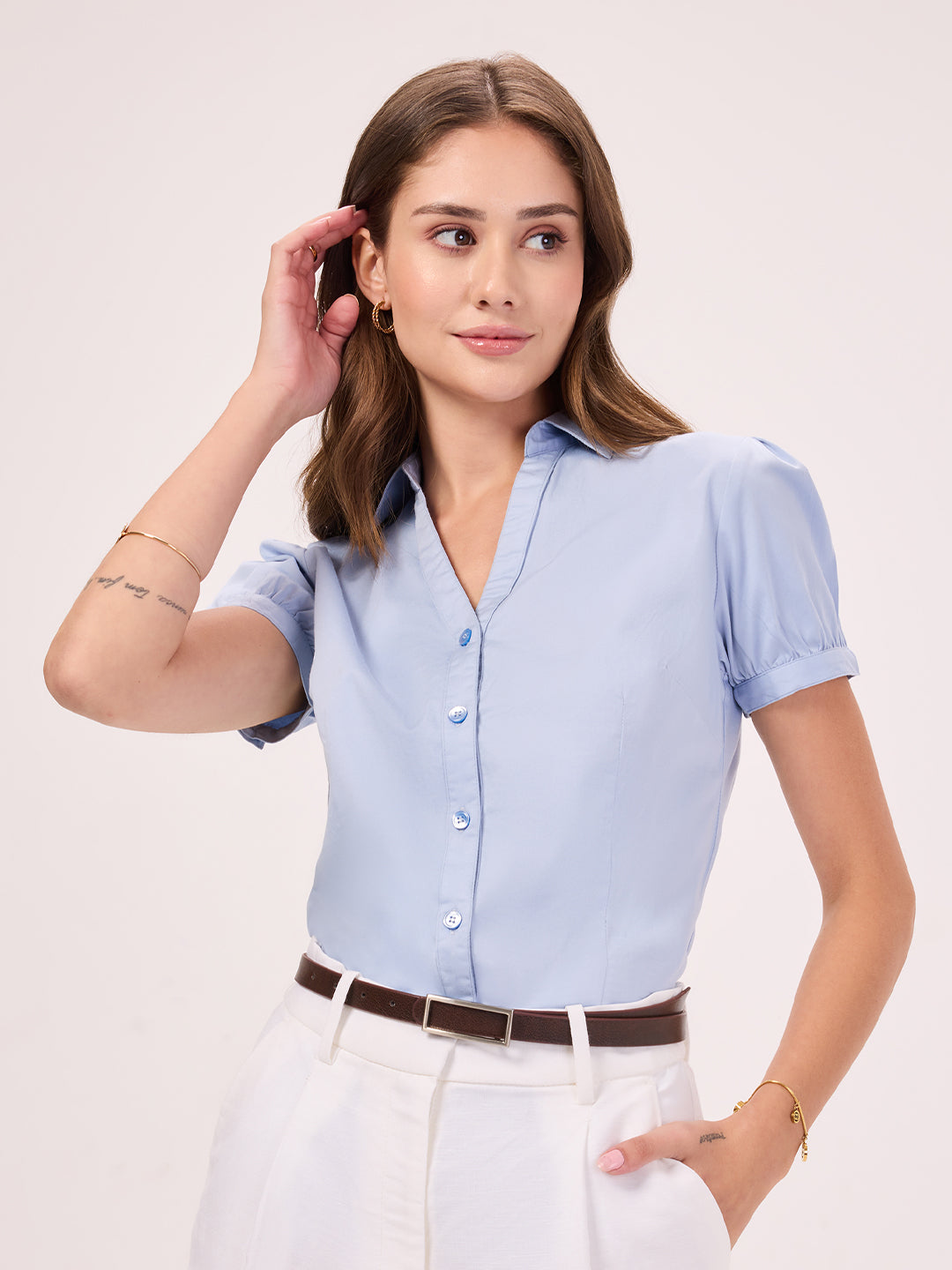 Women's Slim Fit  Cotton Lycra Solid Light Blue Semi Formal Short Puffed Sleeve Y-placket Shirt