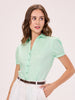 Women's Slim Fit Pure Cotton Solid Mint Green Semi Formal Short Puffed Sleeve Y-placket Shirt