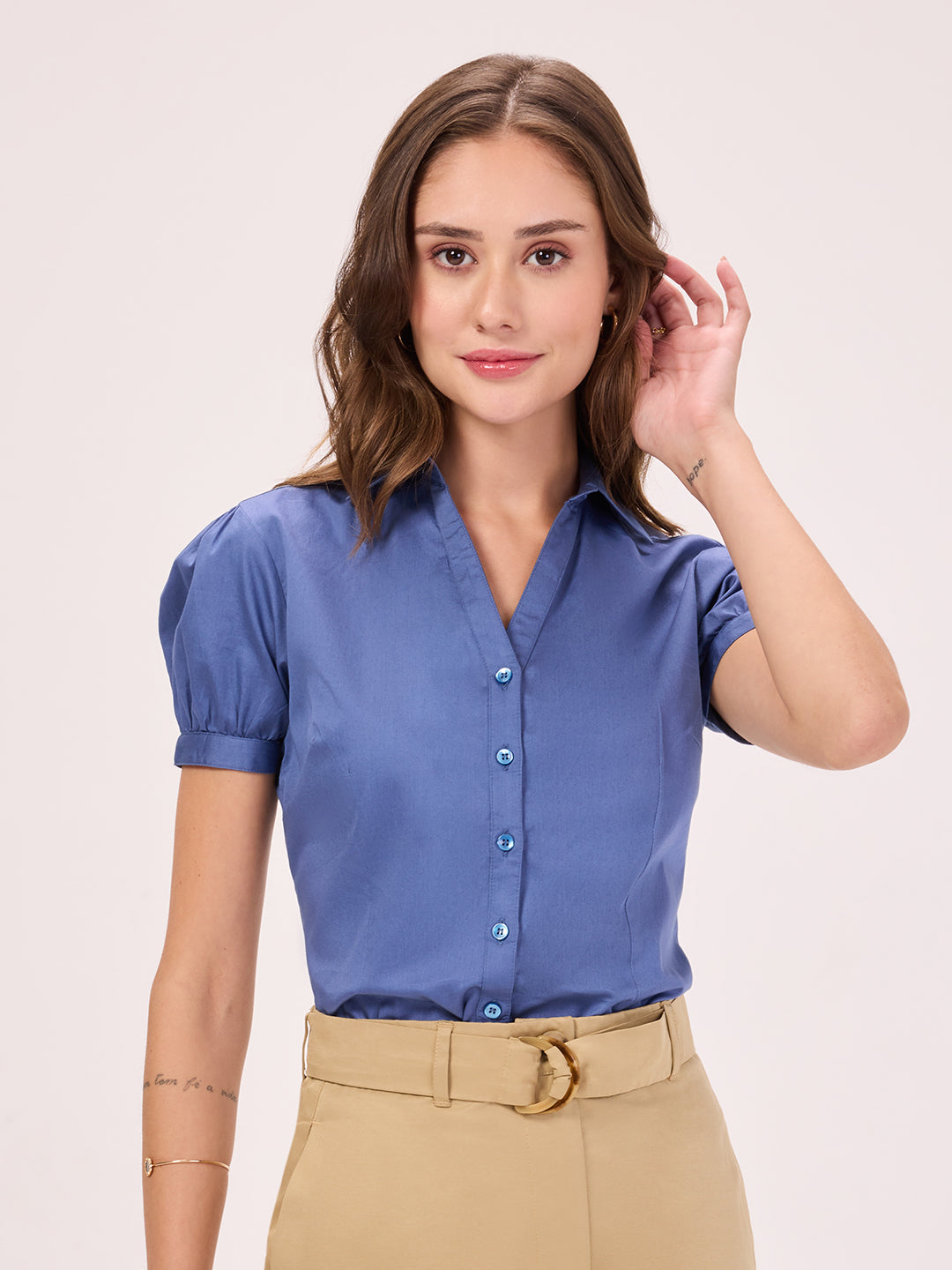 Women's Slim Fit Pure Cotton Solid Azure Blue Semi Formal Short Puffed Sleeve Y-placket Shirt