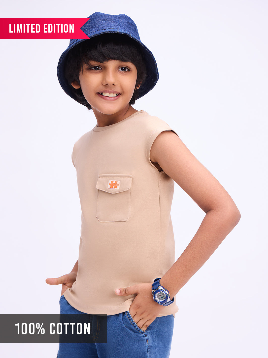 Boys Beige Oversized Fit Pure Cotton Patch Pocket Vest