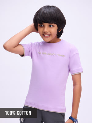 Boys Lavender Oversized Fit Pure Cotton Puff Printed T-shirt