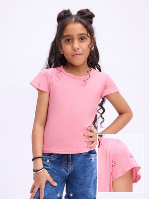 Girls Pink Premium Cotton Blend Schiffli Sleeve Top