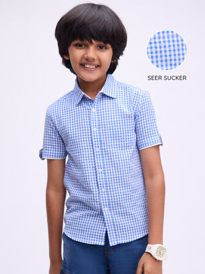 Boys Blue Premium Cotton Blend Crinkled Checks Short Sleeve Shirt