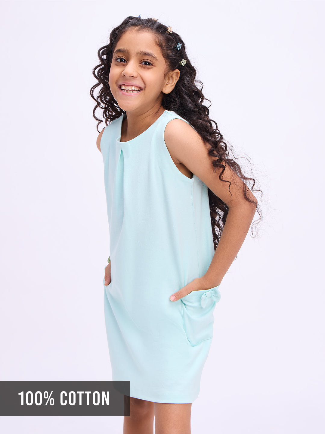 Girls Aqua A-line Pure Cotton Bow Pocket-Detail Dress