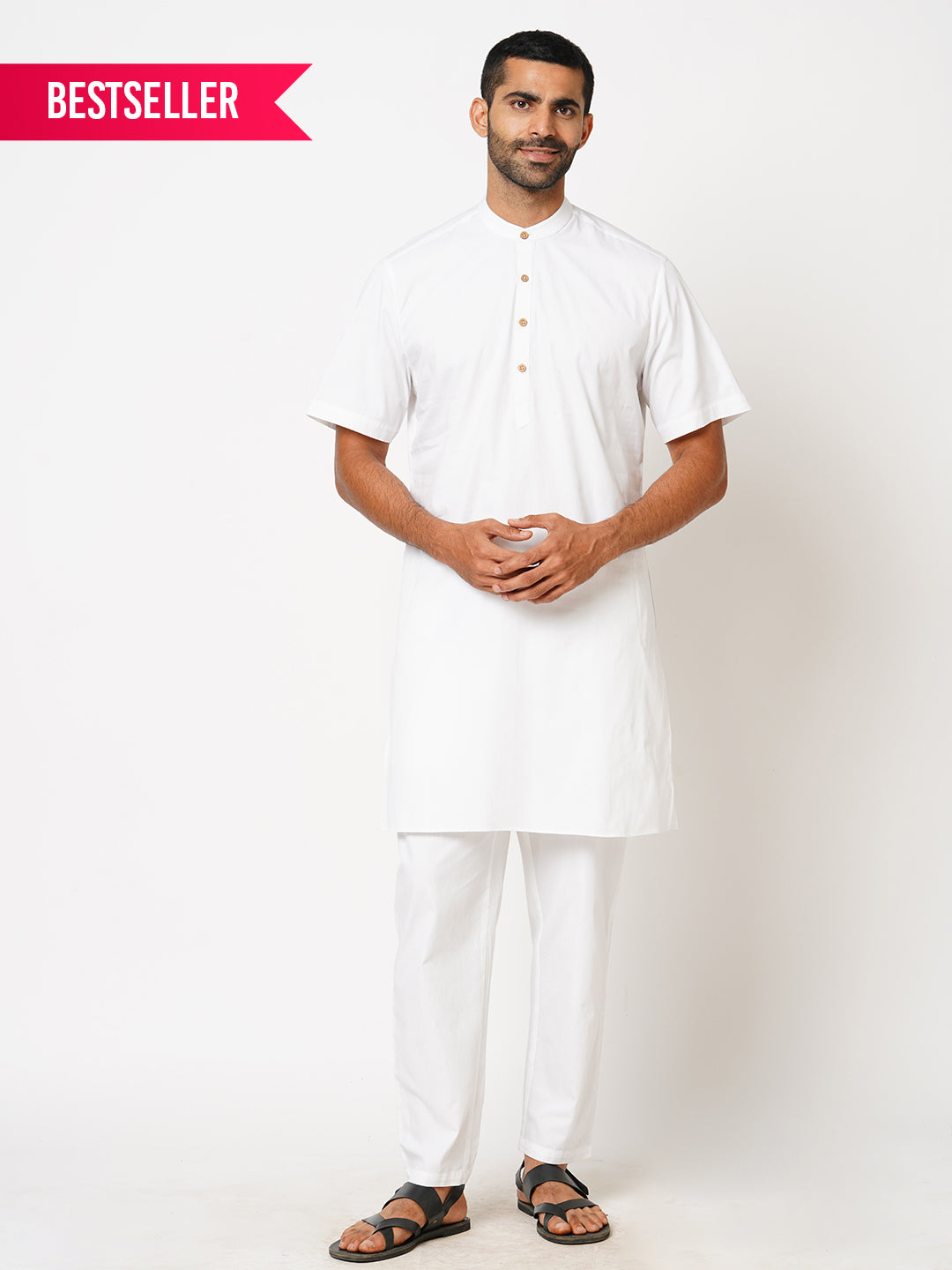 Men's Regular  Fit Half sleeves Solid White Kurta-Pyjama Set