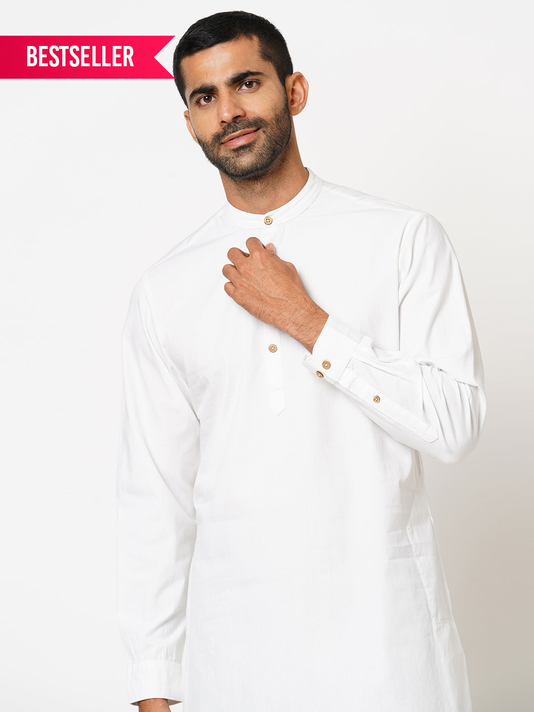 Men's Regular Fit Bright White Pure Cotton Solid Kurta