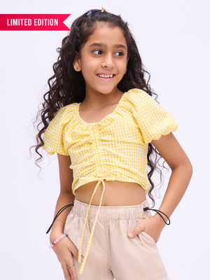 Girls Yellow Snug Fit Premium Cotton Blend Puff Sleeve Tie-Front Top