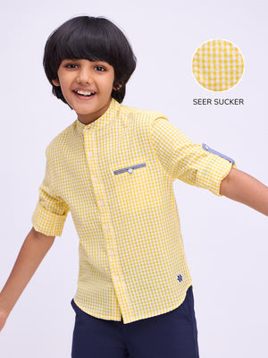 Boys Yellow Premium Cotton Blend Crinkled Checks Band Collar Shirt