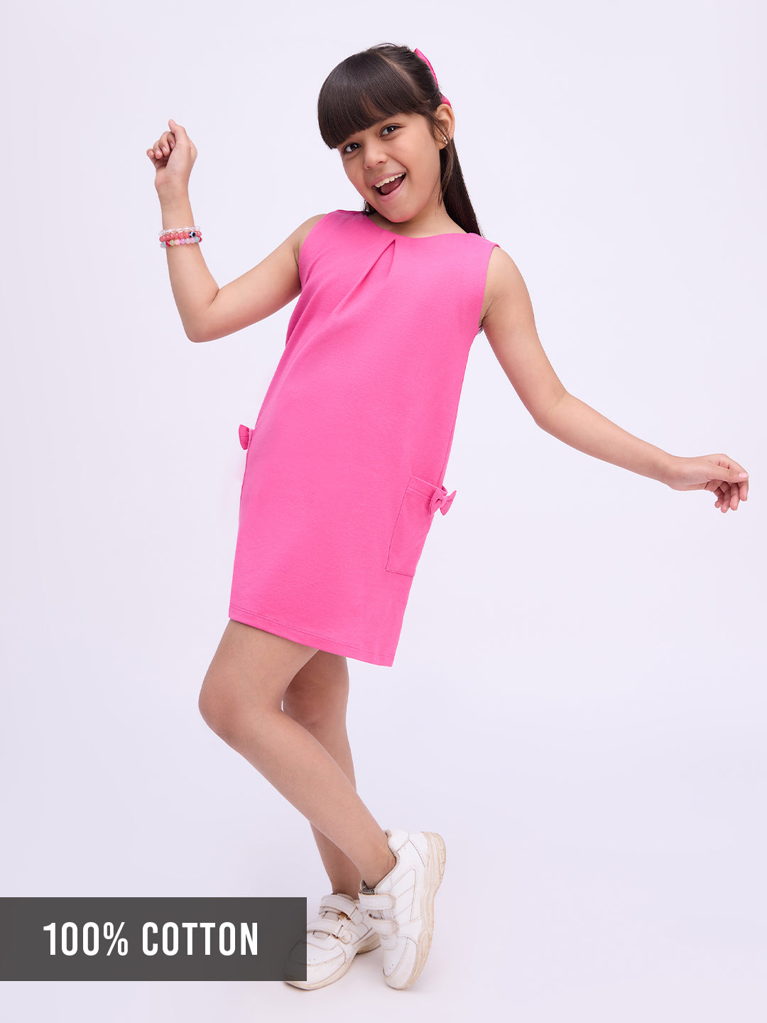 Girls Fuchsia A-line Pure Cotton Bow Pocket-Detail Dress