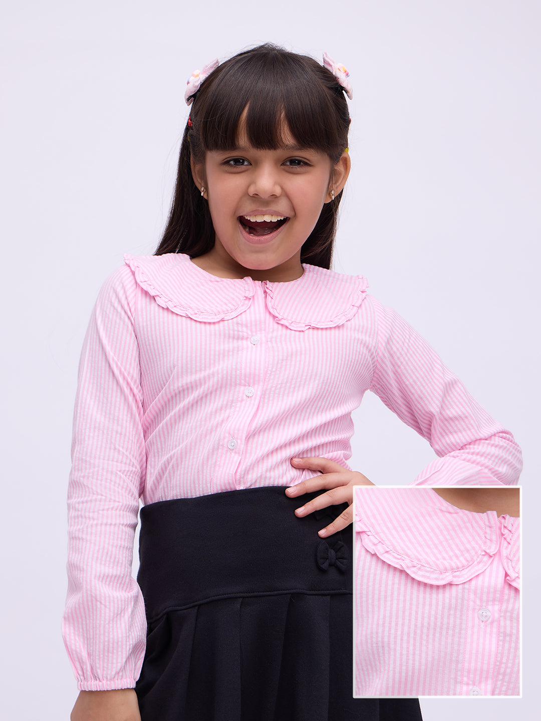 Girls Pink Regular Fit Premium Cotton Blend Peterpan Collar Crinkled Stripe Shirt