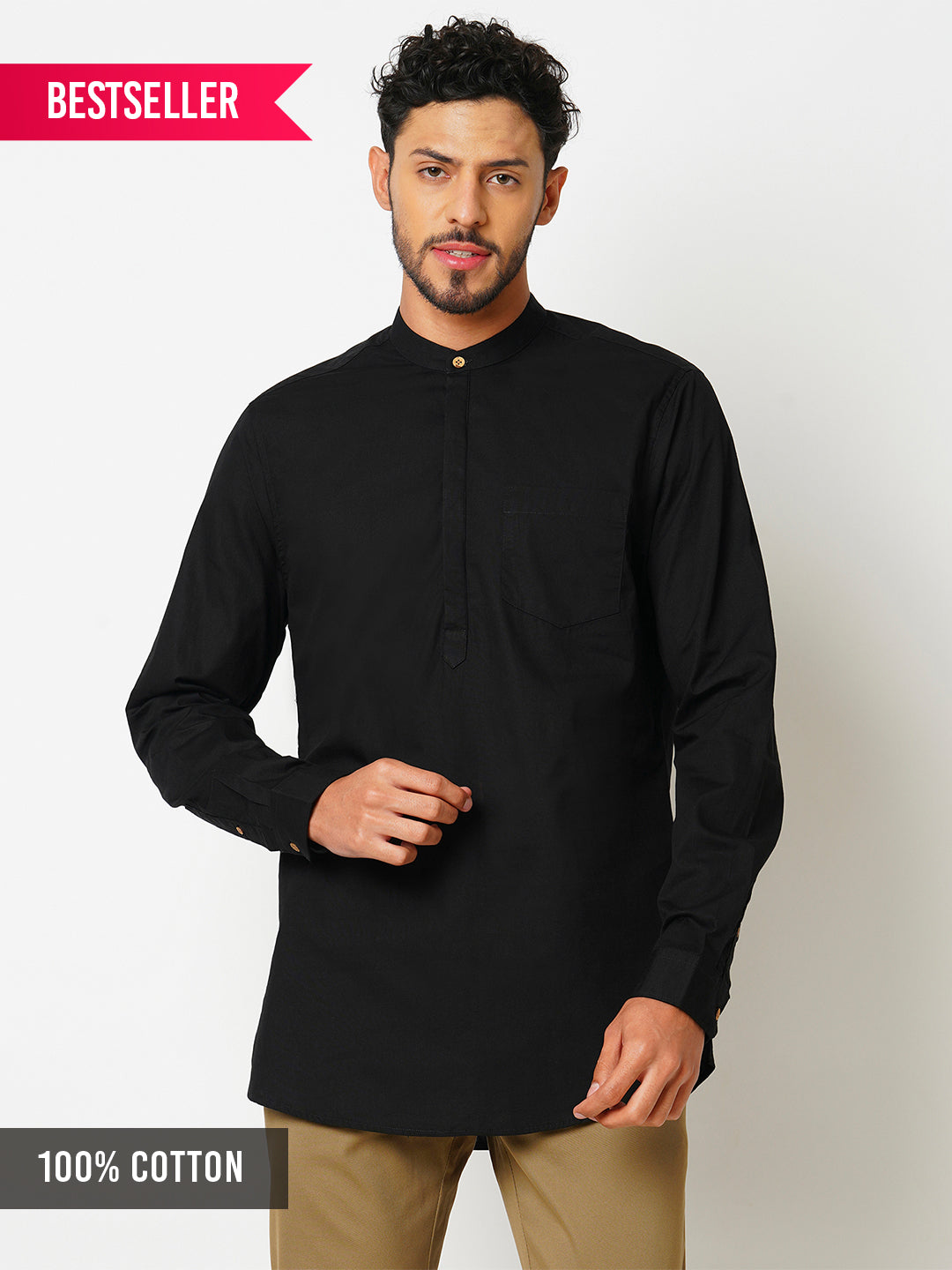 Men's Regular  Fit Pure Cotton Carbon Black Solid Shirt Kurta