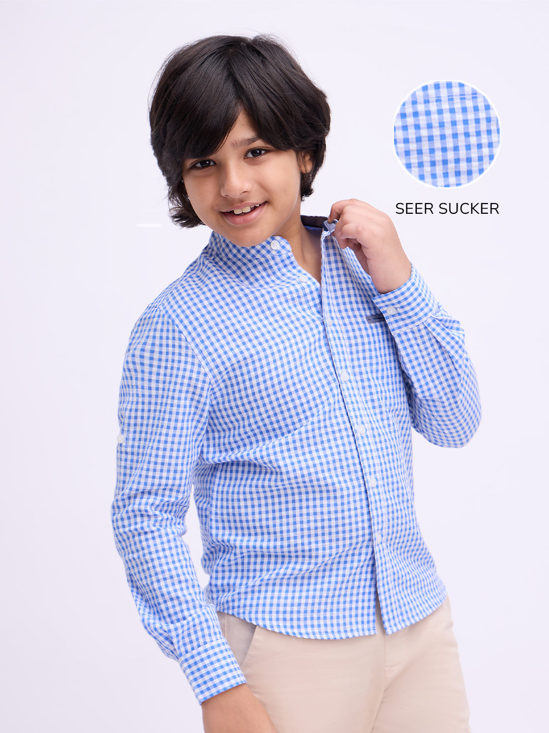 Boys Blue Premium Cotton Blend Crinkled Checked Band Collar Shirt