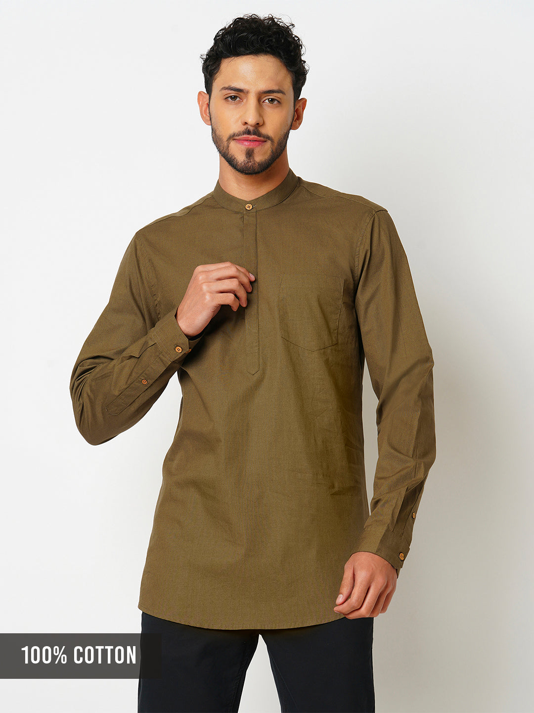 Men's Regular  Fit Pure Cotton Brown Mousse Solid Shirt Kurta