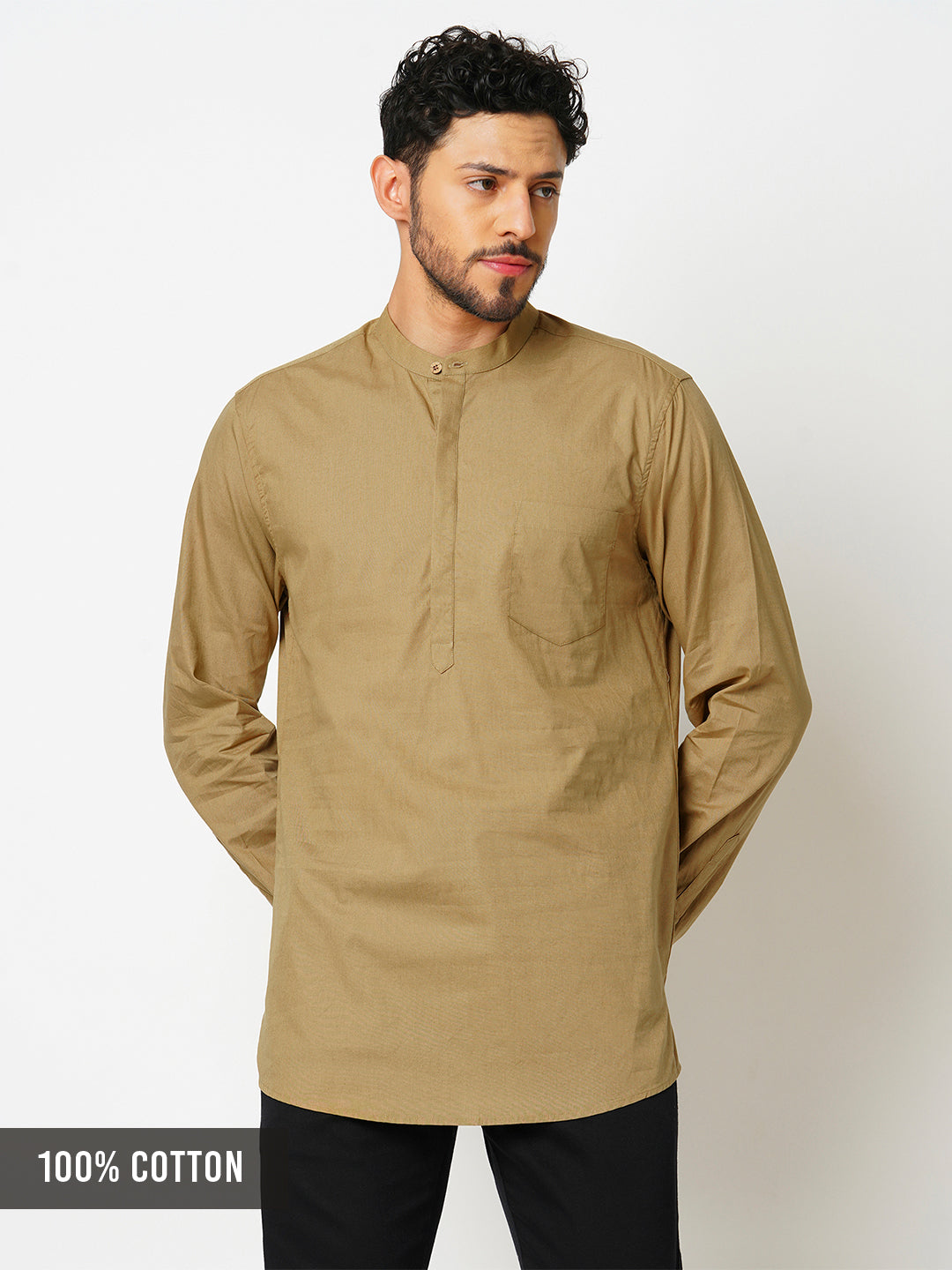 Men's Premium Cotton Solid Khaki Short Kurta