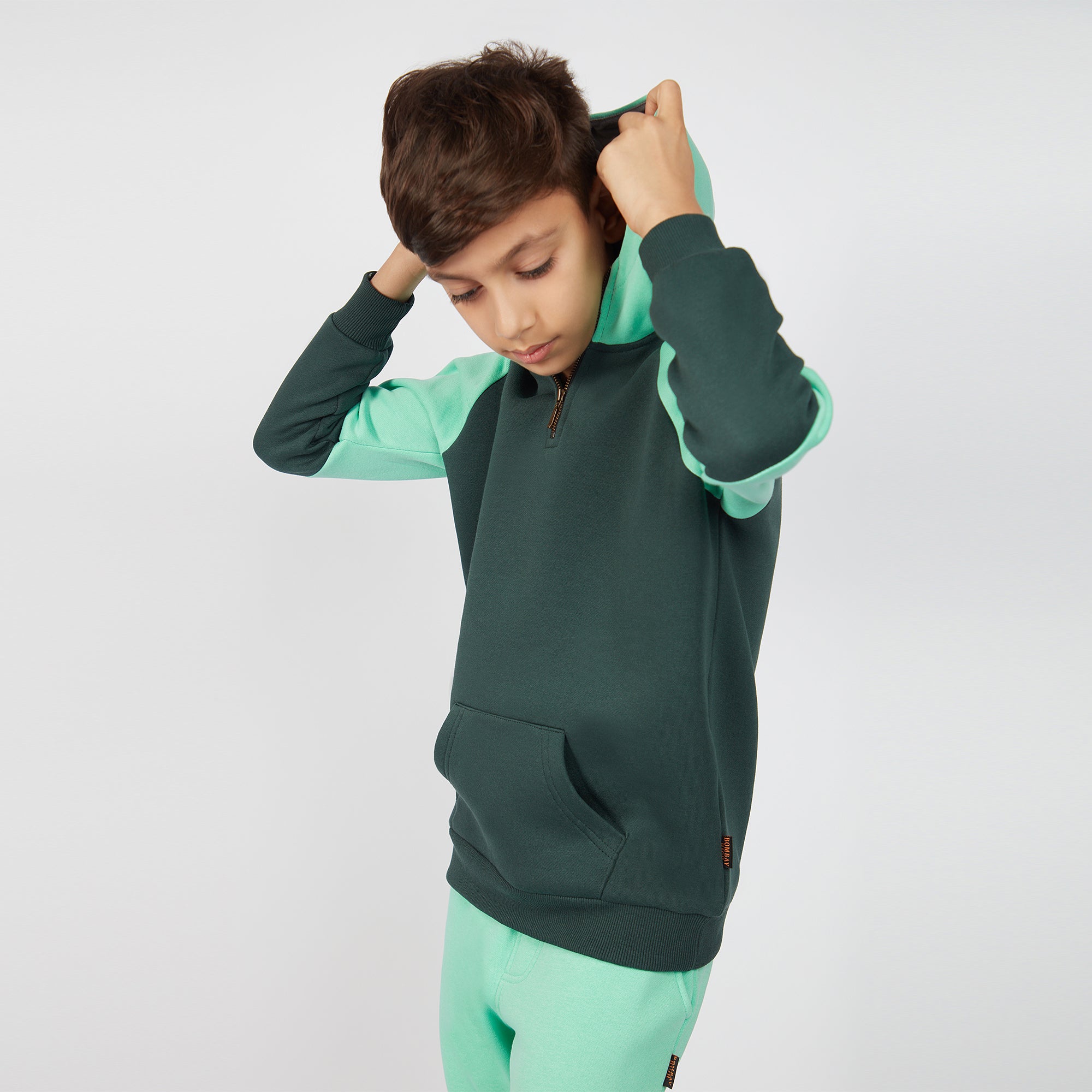 Boy's Jungle Green Color Block Knit Zip-up Hoodie