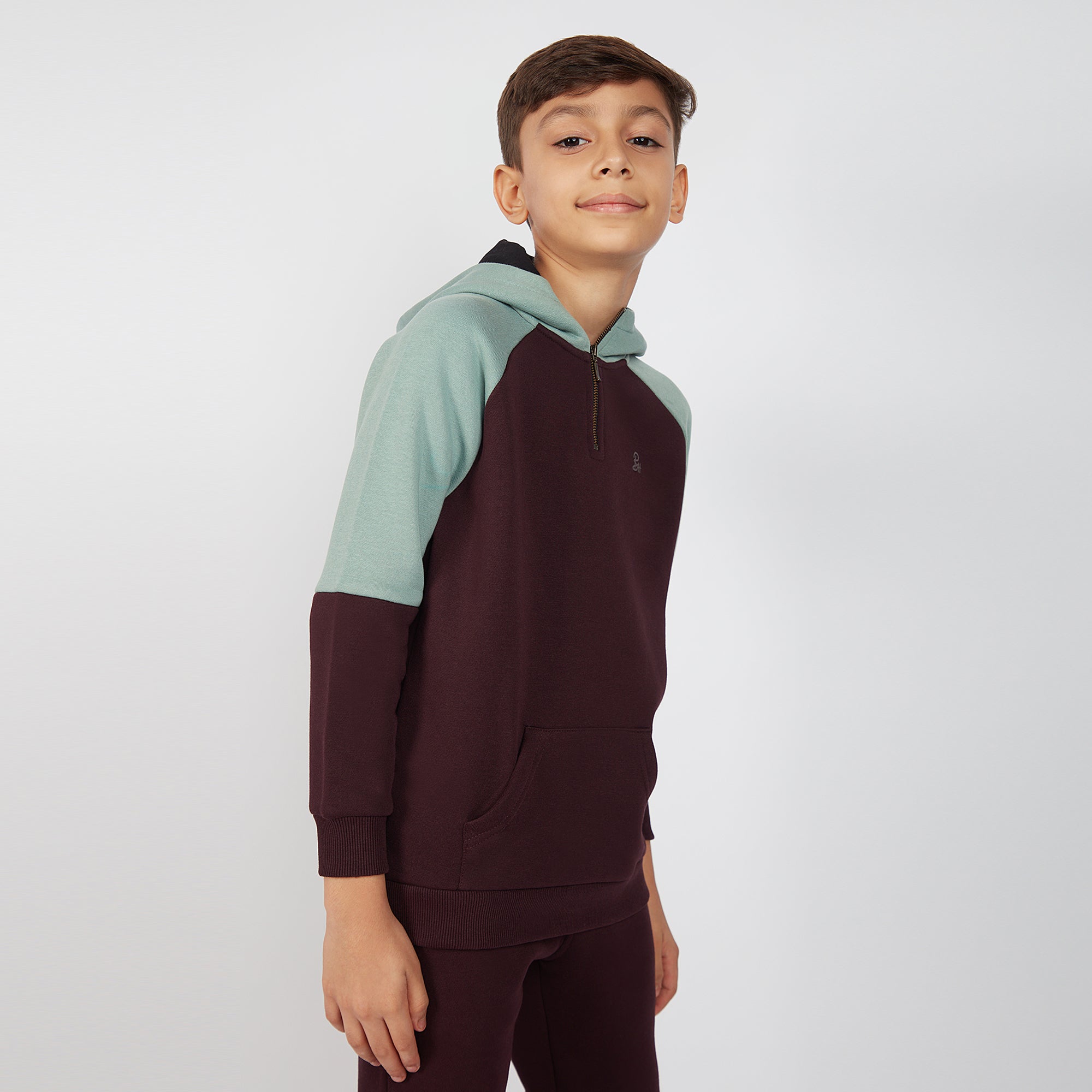 Boy's Maroon Color Block Knit Zip-up Hoodie