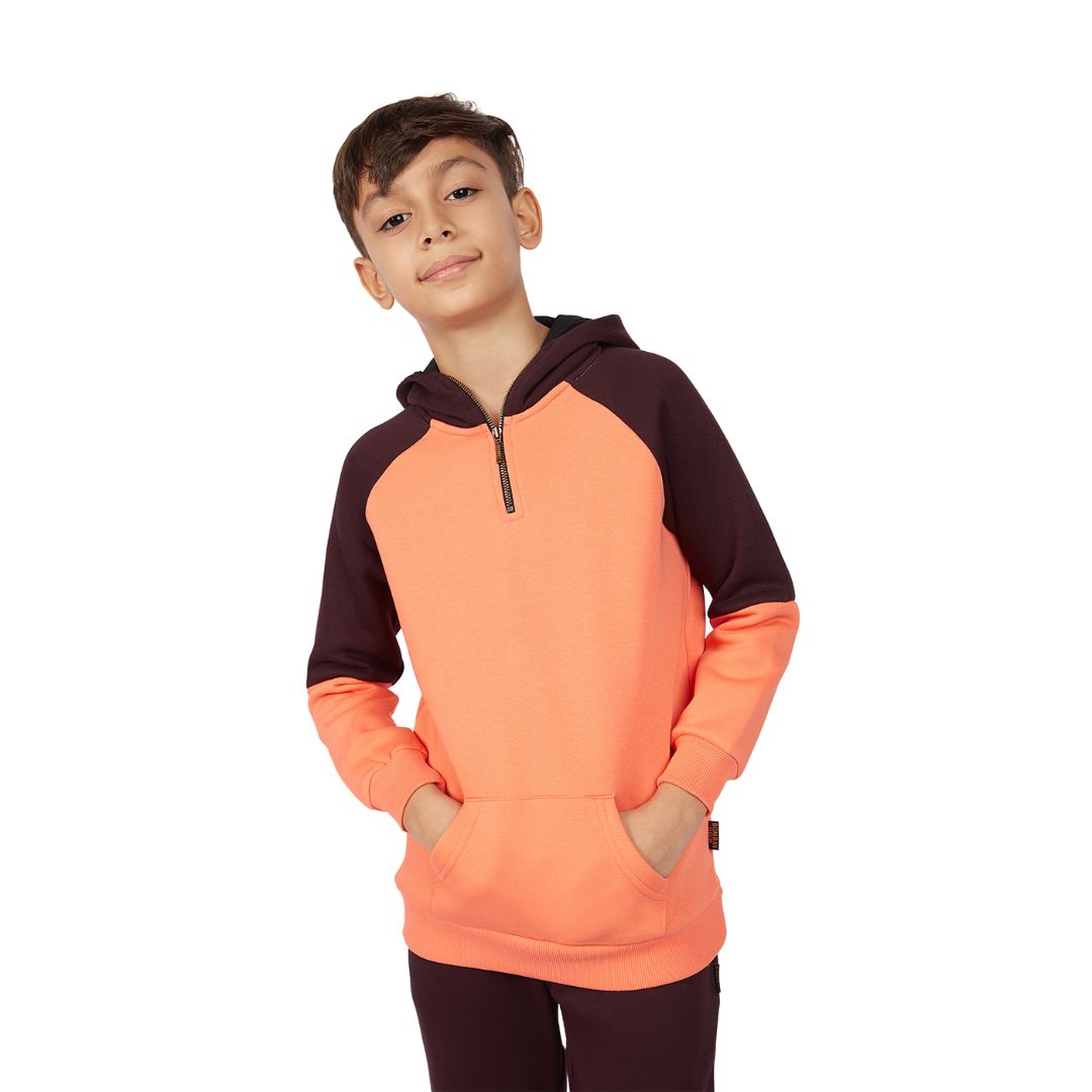 Boy's Orange Color Block Knit Zip-up Hoodie