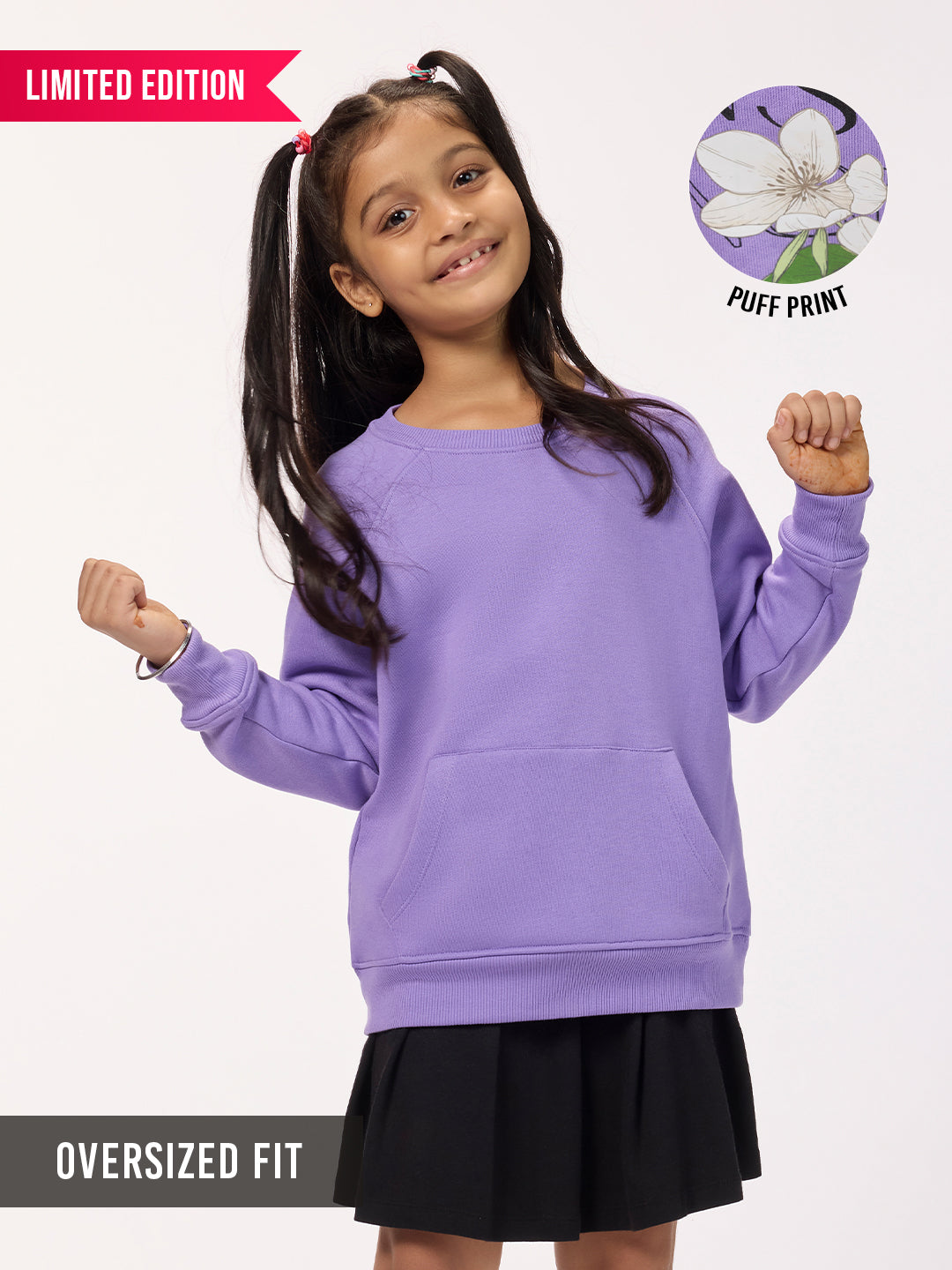 Kids Girls Lavender Oversized Fit Graphic Fleece Sweatshirt