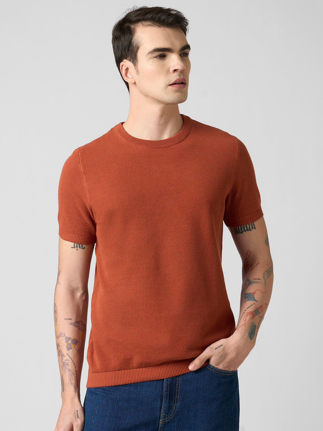 Men's Premium Cotton Solid Cinnamon Brown Knit T-Shirt