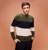 Men's Pine Green Cotton Knit Regular Fit Color Block Pullover