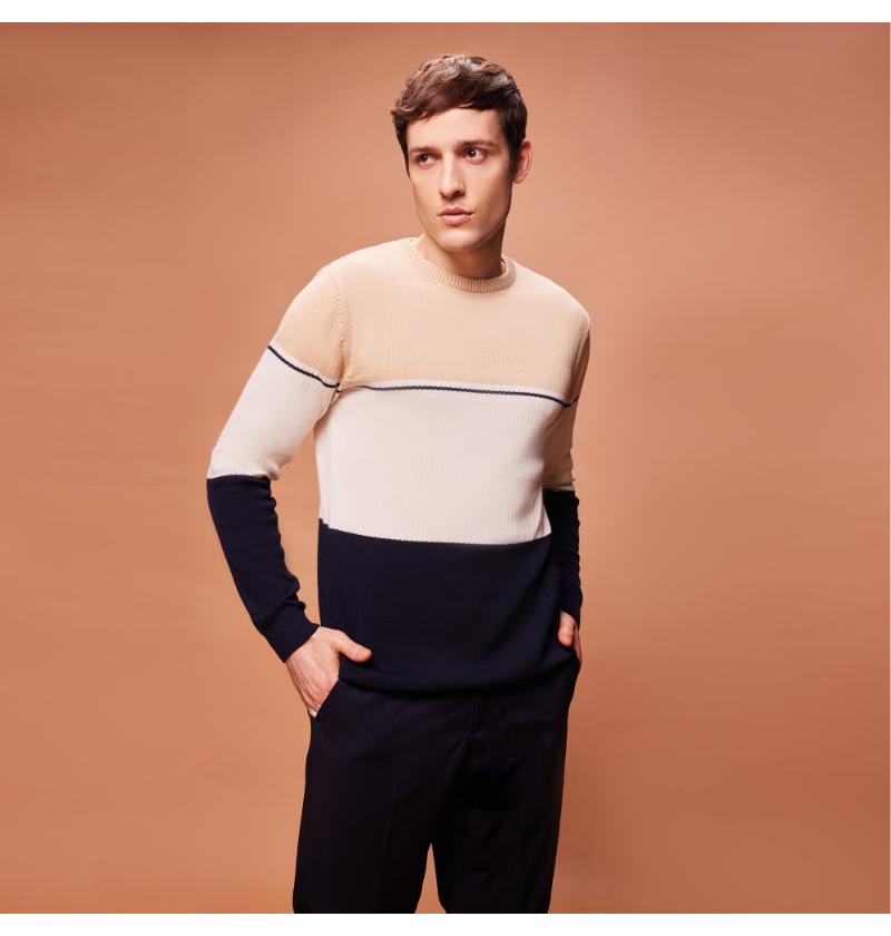 Men's Beige Cotton Knit Regular Fit Cotton Block Pullover