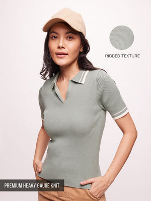 Women's Premium Cotton Blend Ribbed Knit Polo T-Shirt - Sage Green