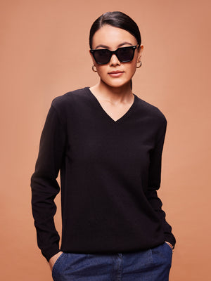 Women's Premium Cotton Full Sleeve Ribbed Black Pullover