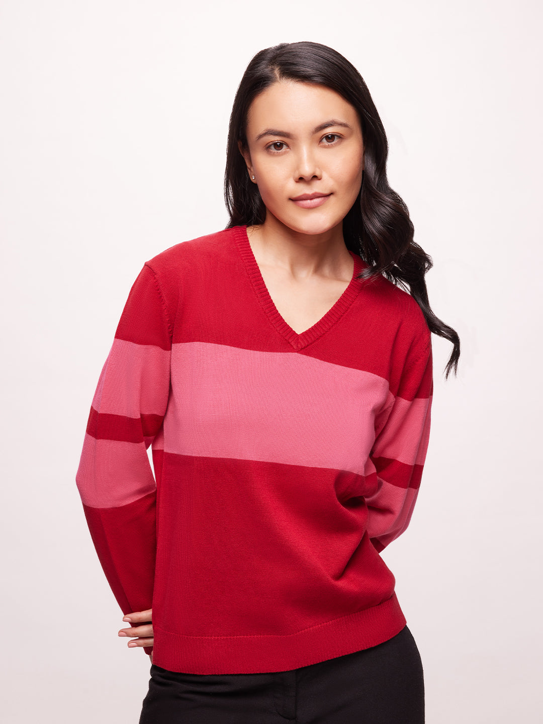 Women's Premium Cotton Red & Pink Color Block Patterned V Neck Pullover