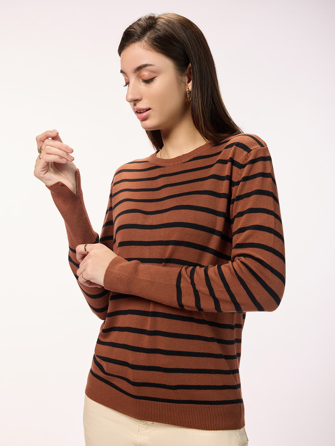 Women's Brown & Black Premium Cotton Blend Regular Fit Striped Pullover