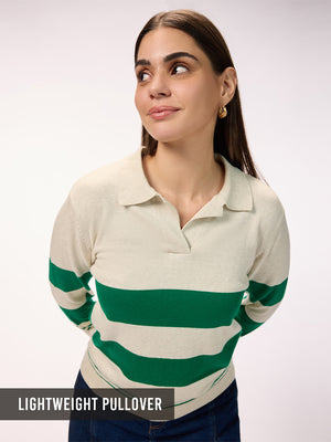 Women's Green & Ecru Premium Cotton Blend Regular Fit Rugby Polo Pullover