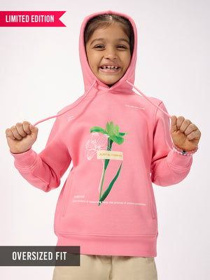 Girls Pink Printed Fleece Hoodie