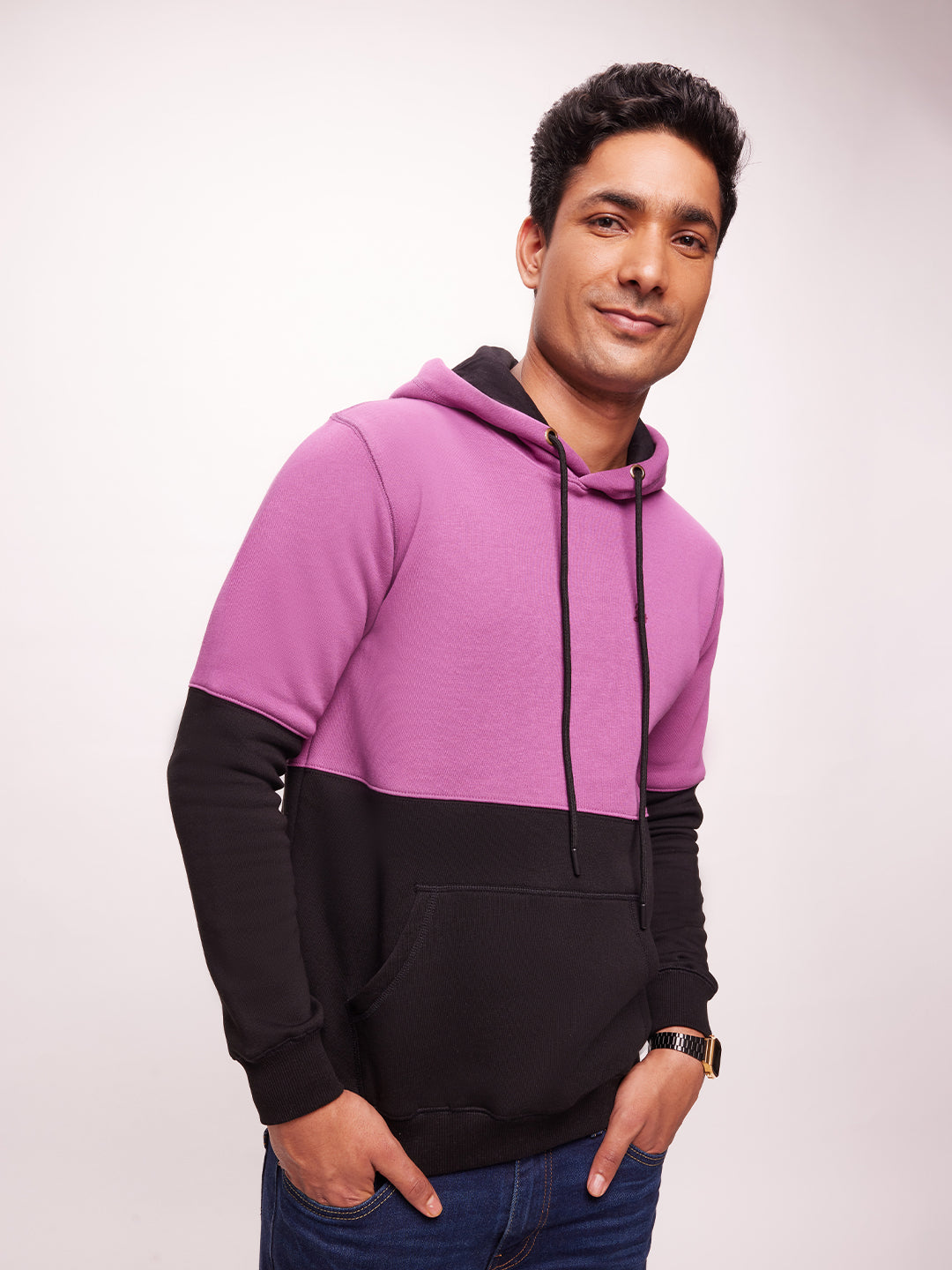 Men's Purple Knit Regular Fit Colorblocked Hoodie