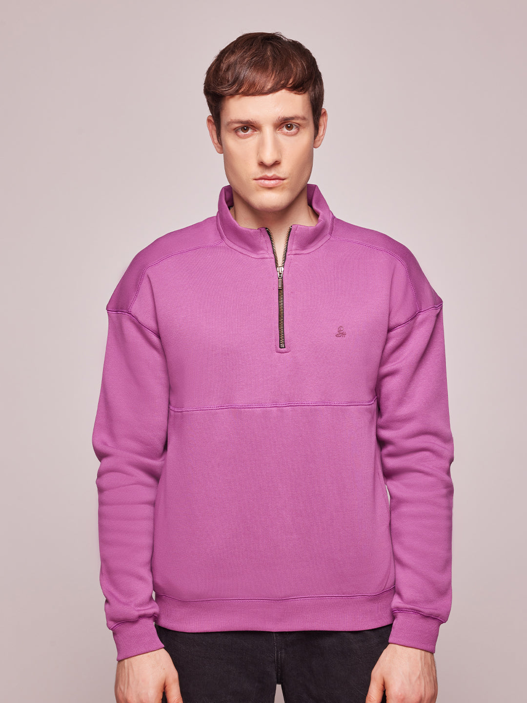 Men's Purple Knit Regular Fit Solid Half Zip Sweatshirt